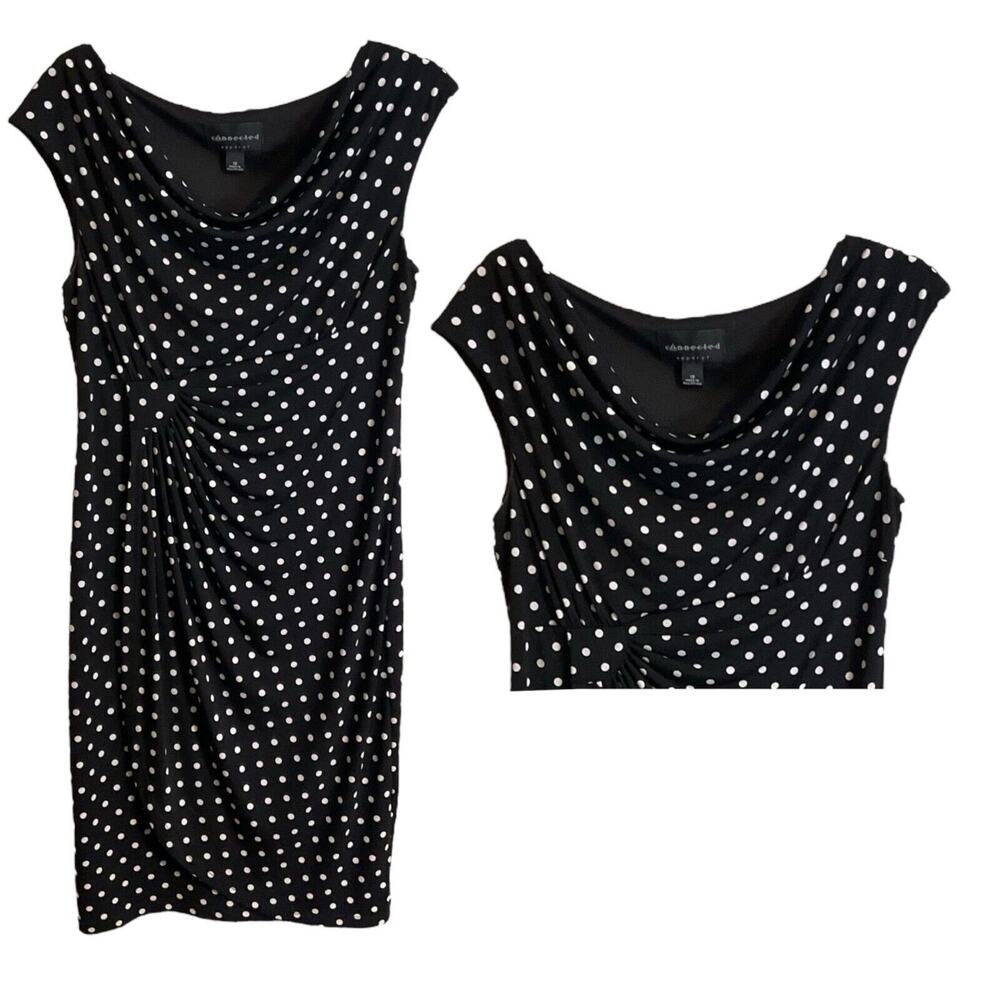 Connected Apparel Dress SZ 12 Black White Polka Dot Stretch Draped Cowl Neck